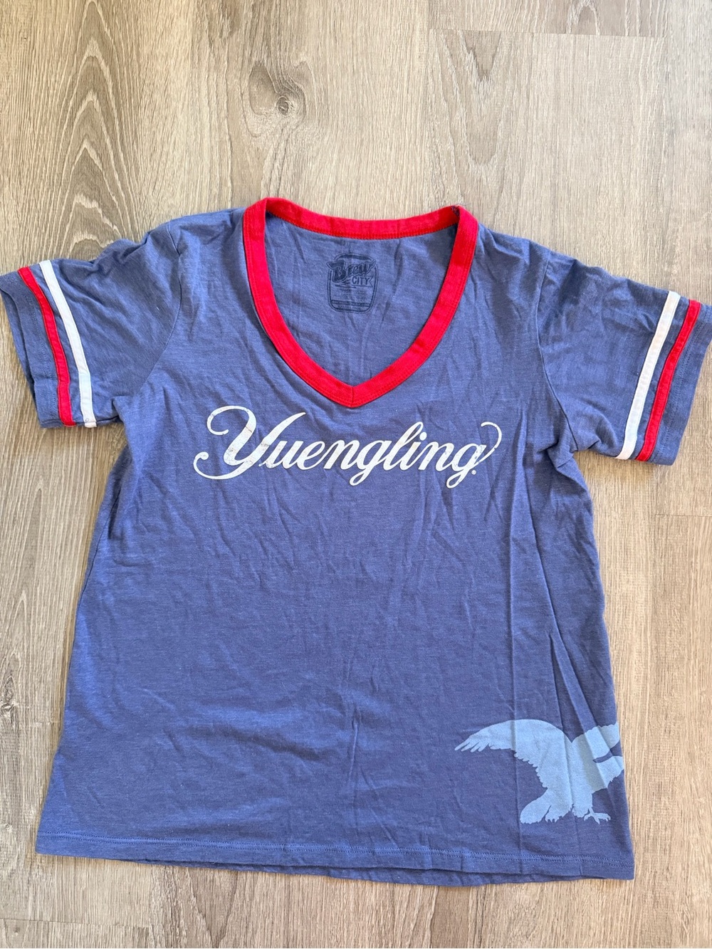 Yuengling Women’s Blue V-Neck Tee with Red Trim